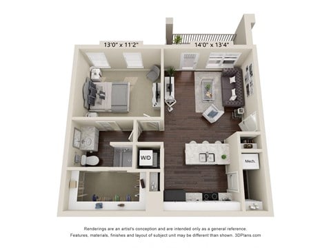 Floor plan for 1 bed, 1 bath, 704 sqft